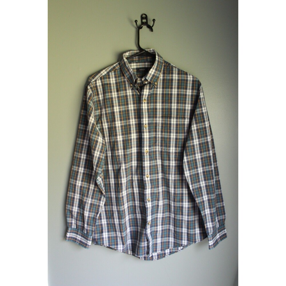 Arrow Mens Small Green Blue Plaid Long Sleeve Button Up Shirt